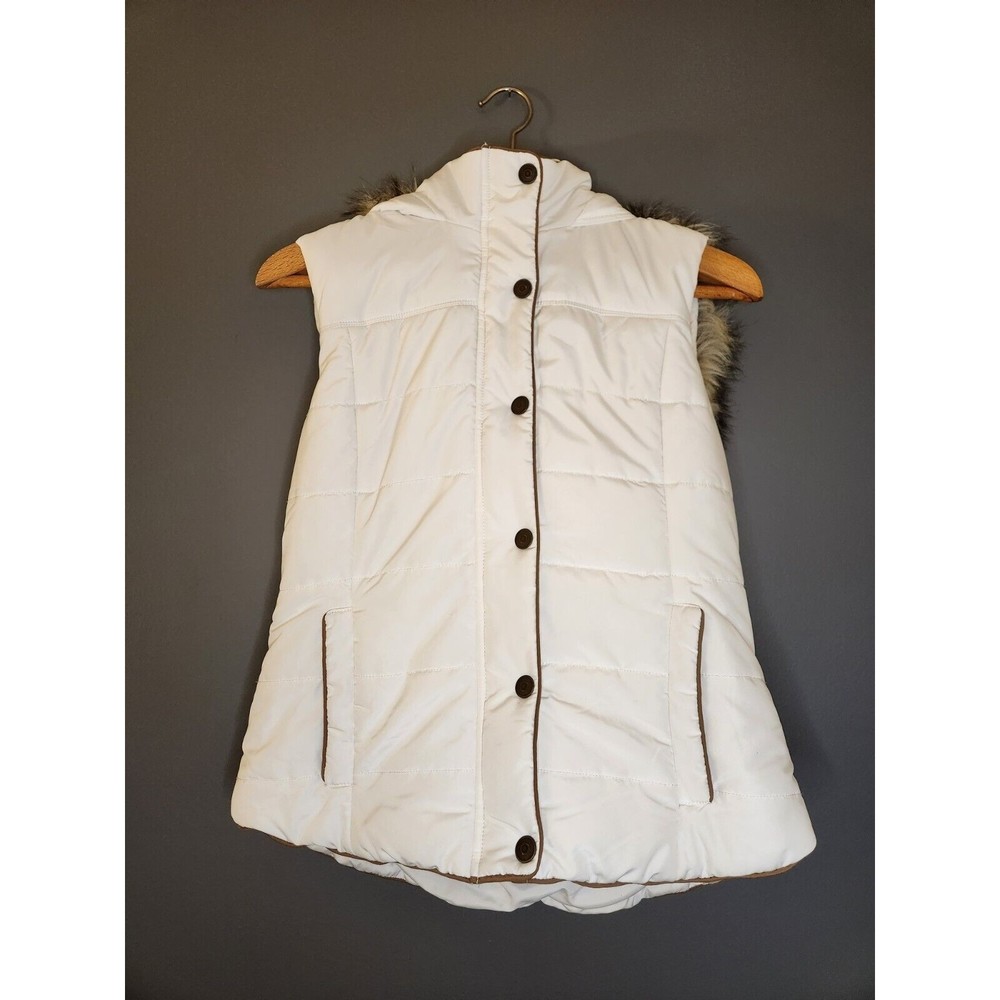 Prince & Fox Puffer Vest Women's L Zip Up Snap White Hooded Faux Fur